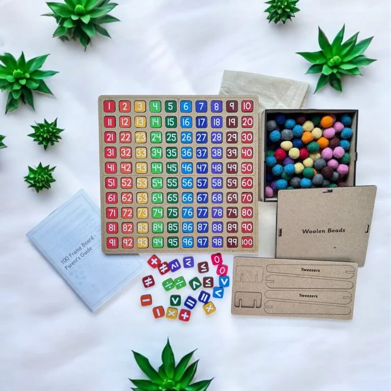 100 Frame with Number Tiles & Woolen Beads – Counting & Math Learning Educational Toy