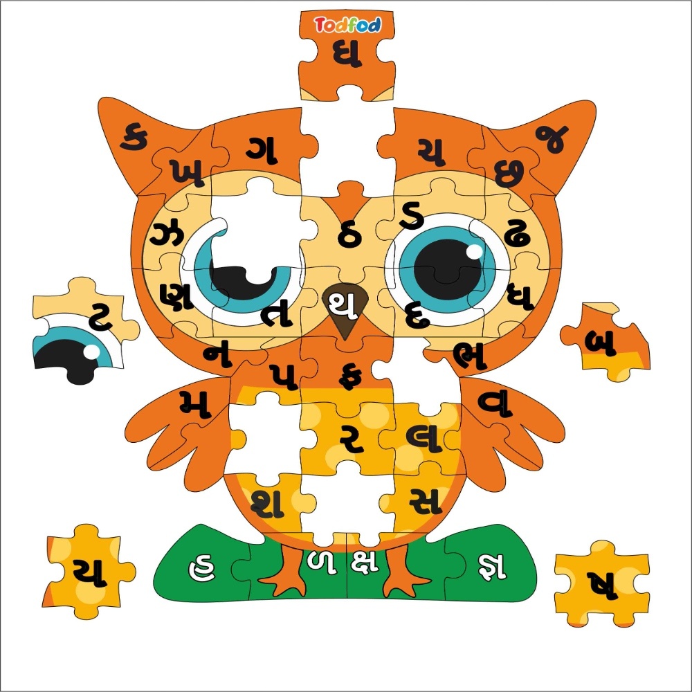 Todfod Wooden Jigsaw Puzzle – Owl Shaped Gujarati Consonants