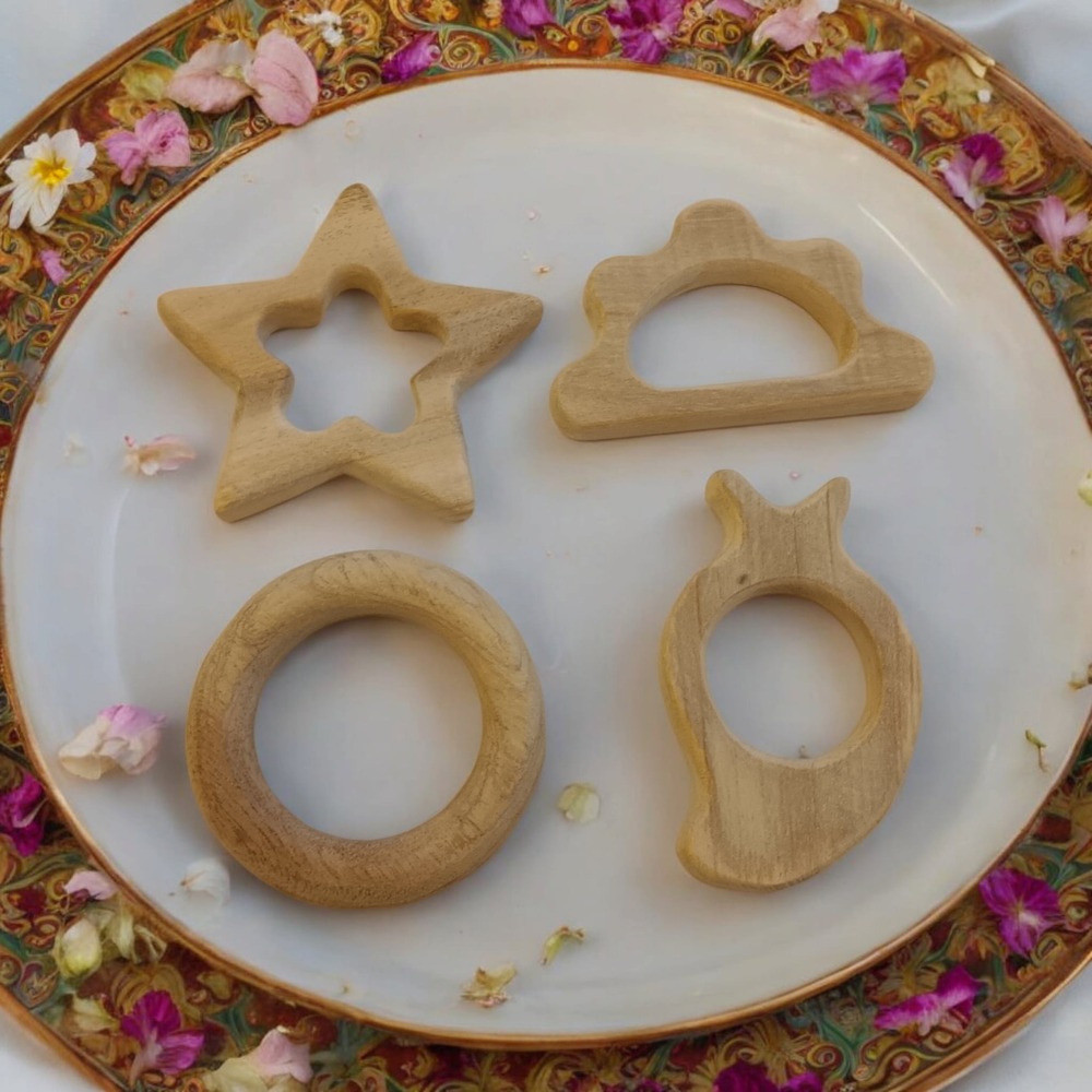 Gum Strengthening Neem Wooden  Baby Teethers - Star, Cloud, Ring & Mango Shapes