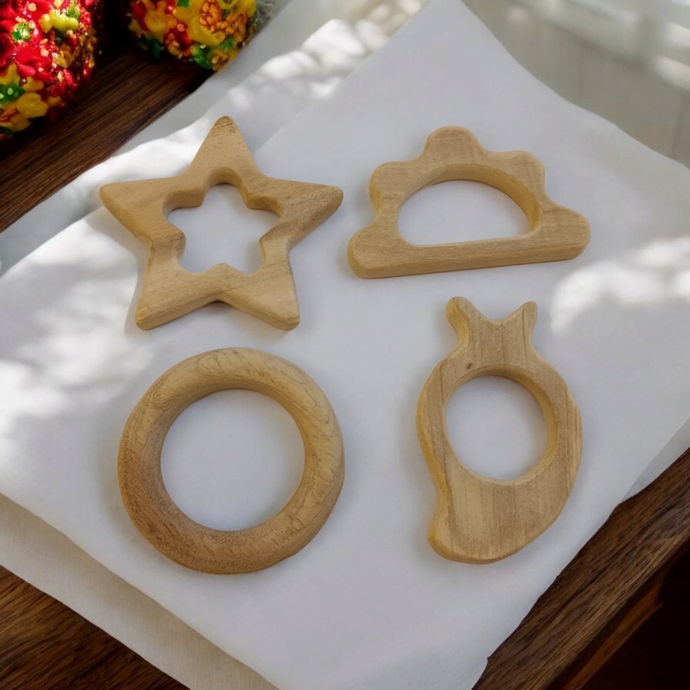 Gum Strengthening Neem Wooden  Baby Teethers - Star, Cloud, Ring & Mango Shapes