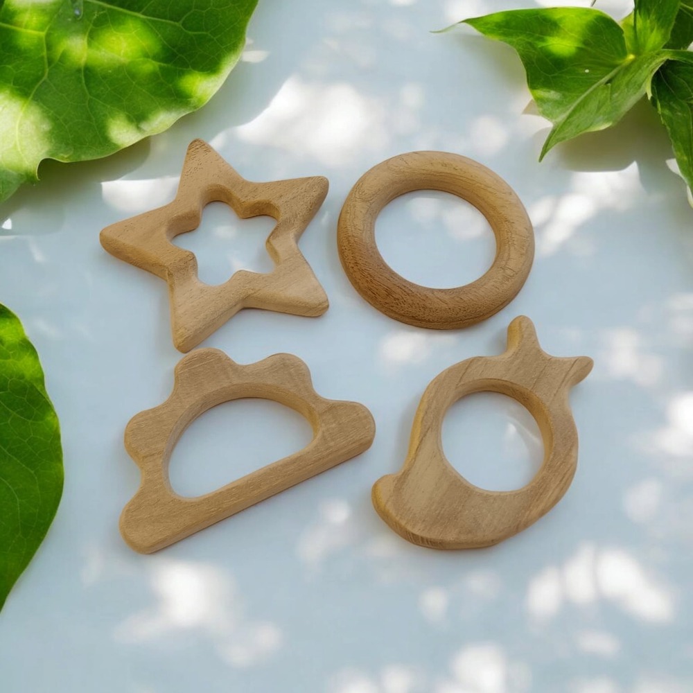 Gum Strengthening Neem Wooden  Baby Teethers - Star, Cloud, Ring & Mango Shapes