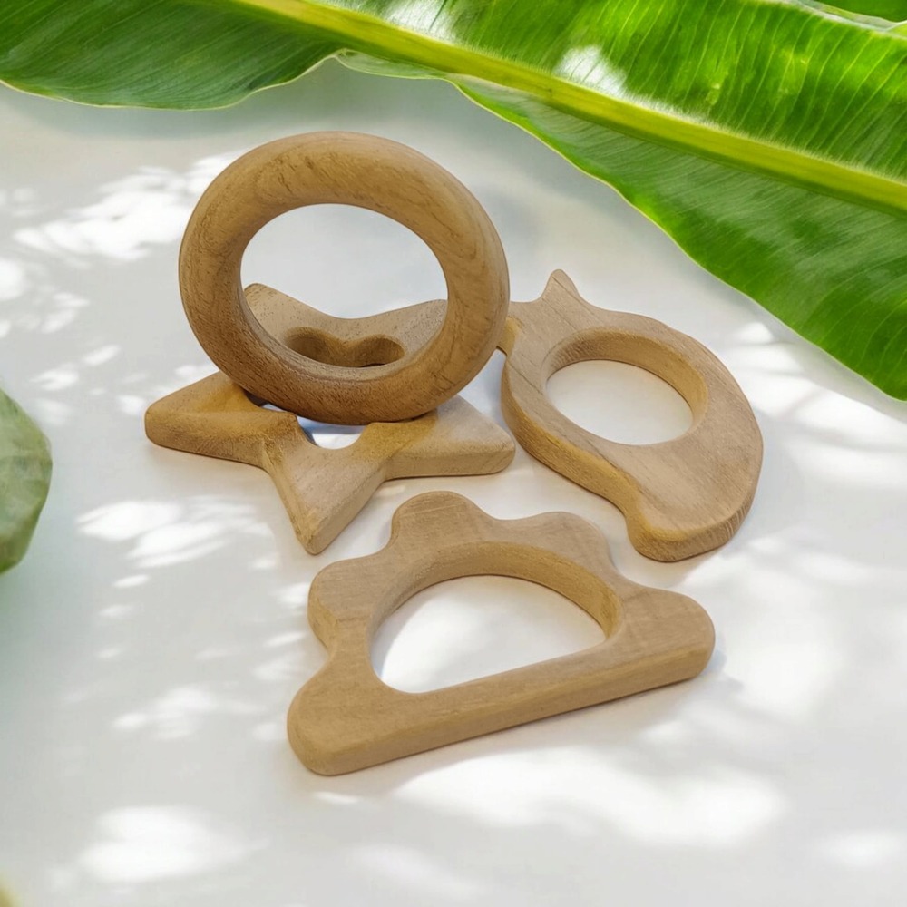 Gum Strengthening Neem Wooden  Baby Teethers - Star, Cloud, Ring & Mango Shapes