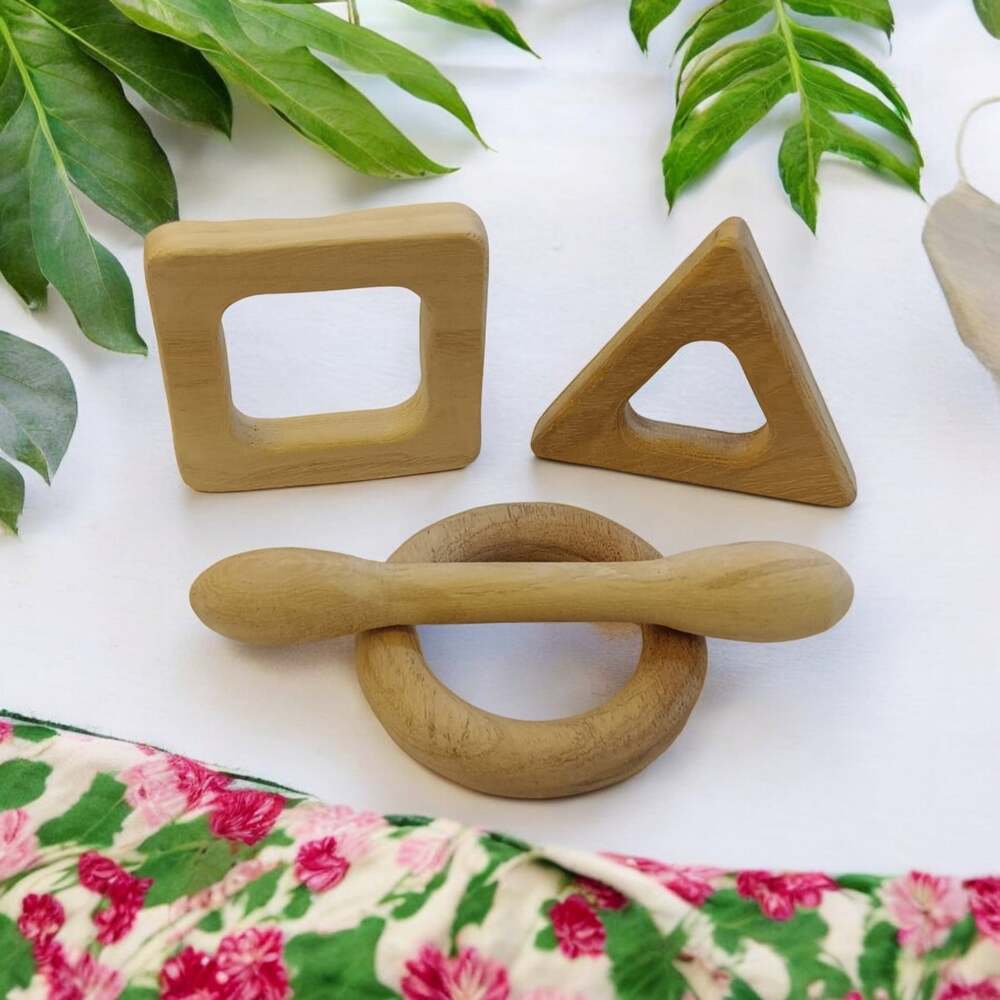 Pack of 4 Neem Wooden Teethers For Babies of Age 0 To 3 Years  Dumbbell, Ring, Square & Triangle