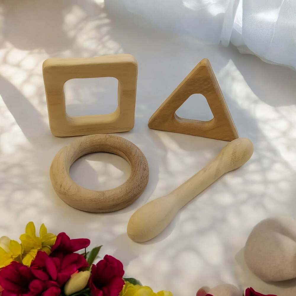 Pack of 4 Neem Wooden Teethers For Babies of Age 0 To 3 Years  Dumbbell, Ring, Square & Triangle